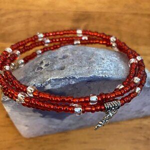 Deep red glass seed bead memory wire bracelet